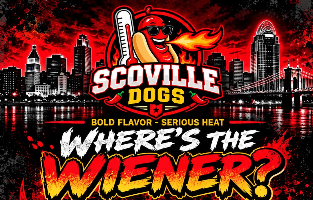 Scoville Dogs with Cincinnati skyline and Where's the Wiener