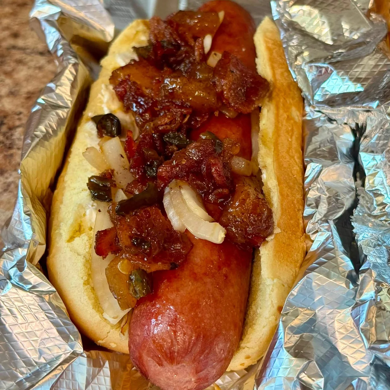 Actual Scoville Dog with bacon candy and HOT onions
