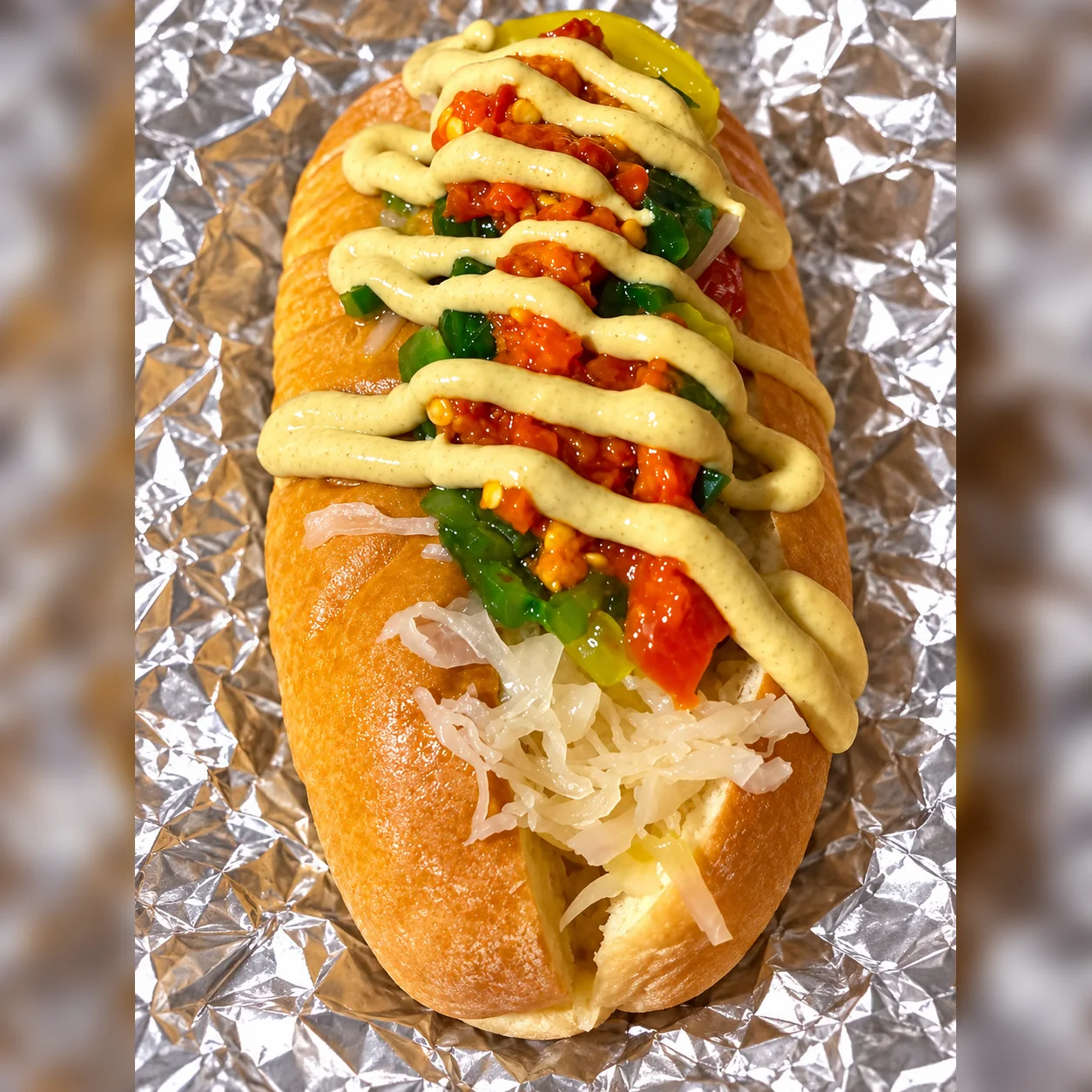 Actual tomato-free Underdog served on aluminum foil